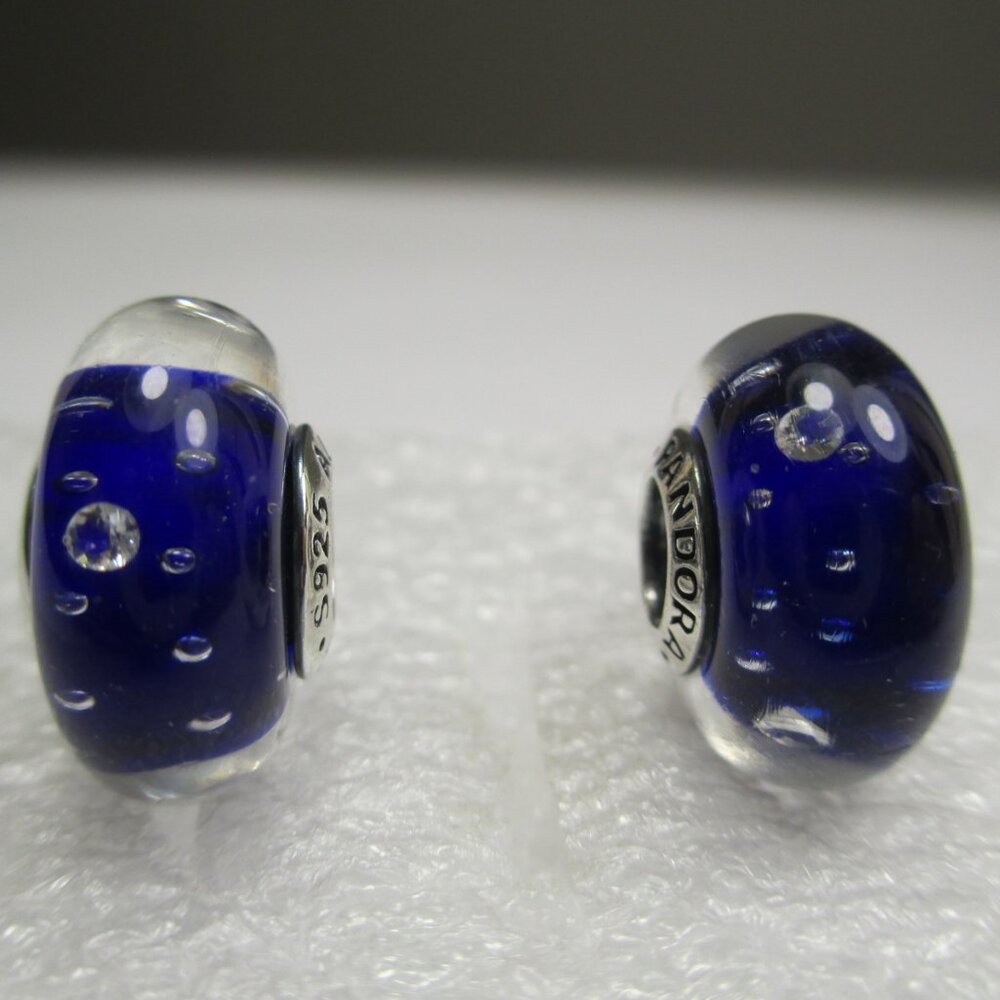 2 Dark Blue Effervescence Clear CZ Pandora Charms Murano Glass 250 years Special